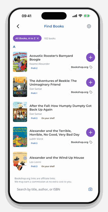 The full Storytime Guru library, listed A to Z, showing 102 books.